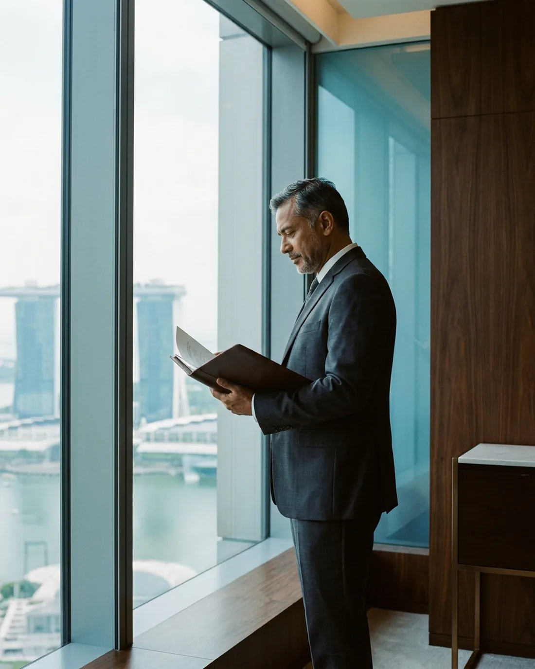 A senior executive standing composed by a window in a quiet office above the city